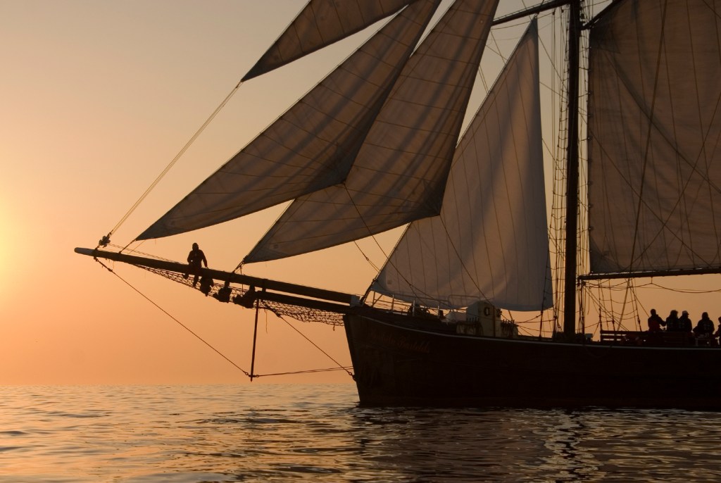 Tall ship at sunset