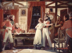 "Laura Secord warns Fitzgibbons, 1813" by Lorne Kidd Smith (1880-1966) - (LAC | C-011053 |2837234T). Public Domain via Wikimedia Commons