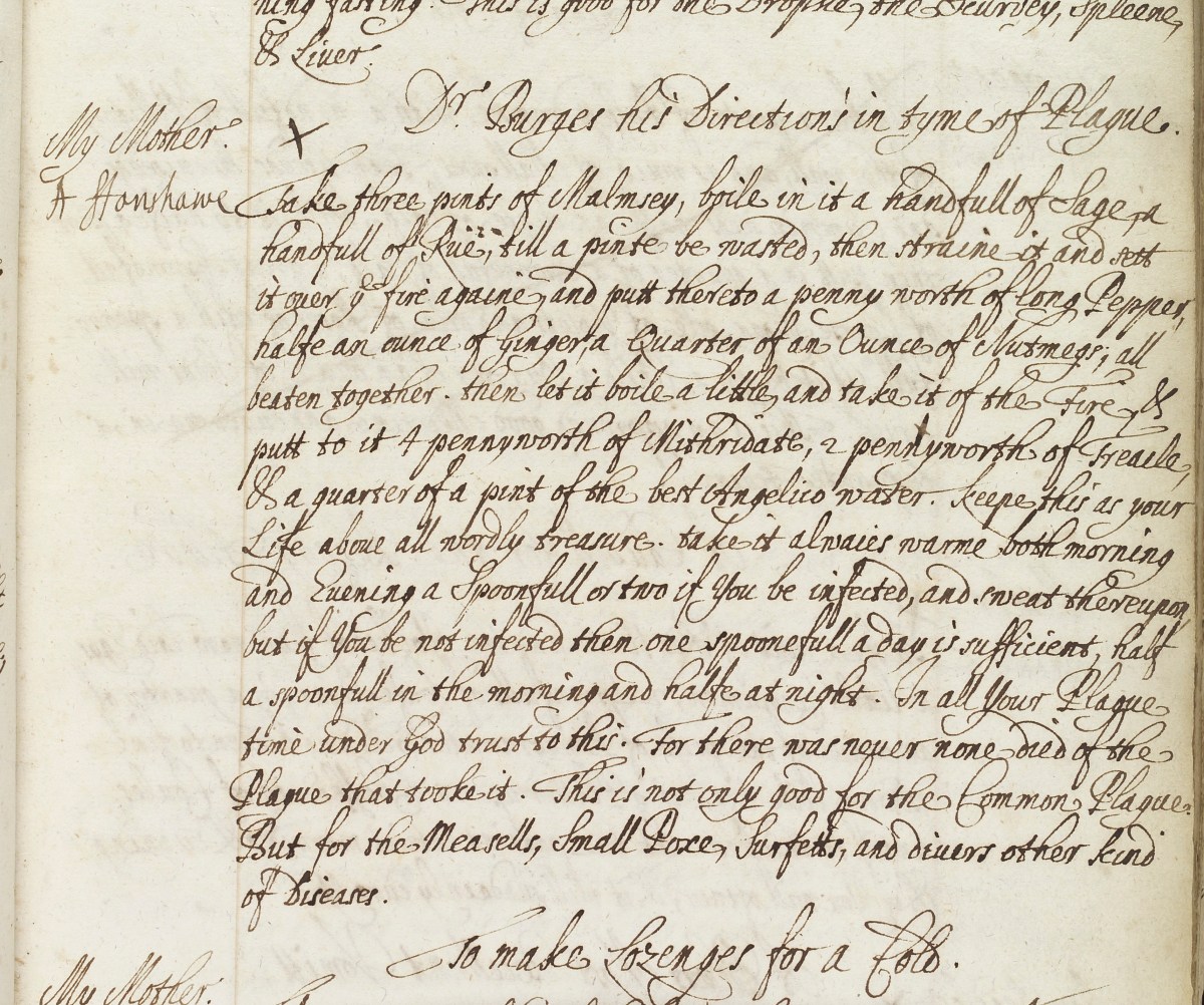 L0037352 Page from Lady Fanshawe's recipe Book, Plague precautions